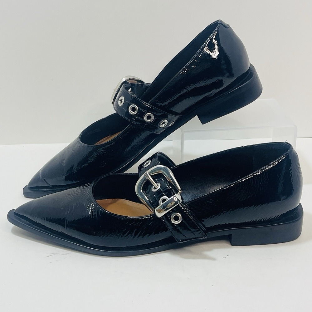 Maeve Pointed-Toe‎ Moto Mary Jane Flats Black Patent Leather – Size 40  US 9-9.5